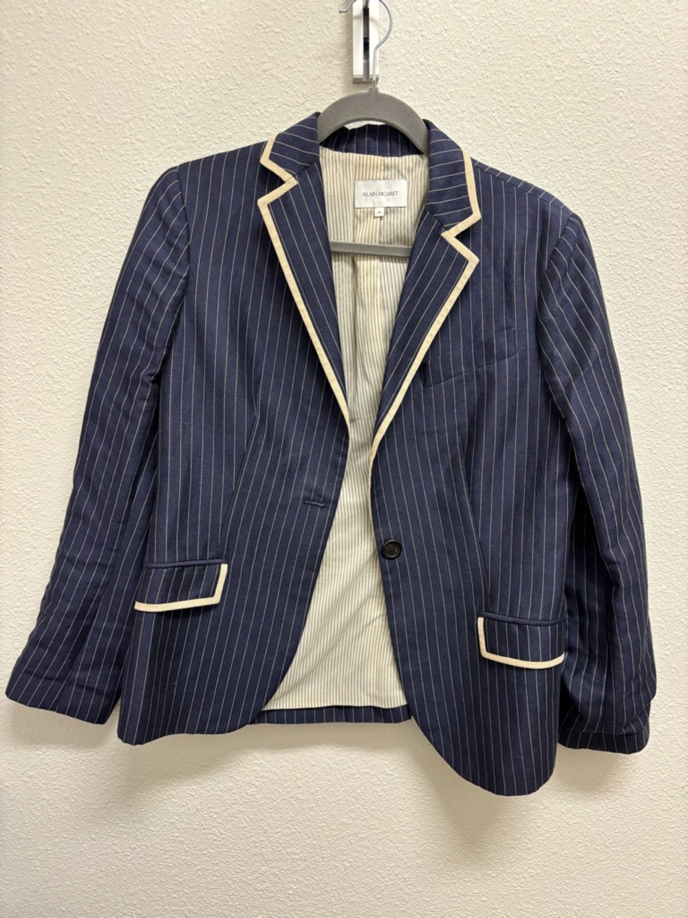 Alain Figaret Navy Pinstripe Blazer with Cream Trim hand tailored